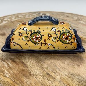 Anthropologie Floral LYNA Hand Painted Blue & Yellow Covered Butter Dish French